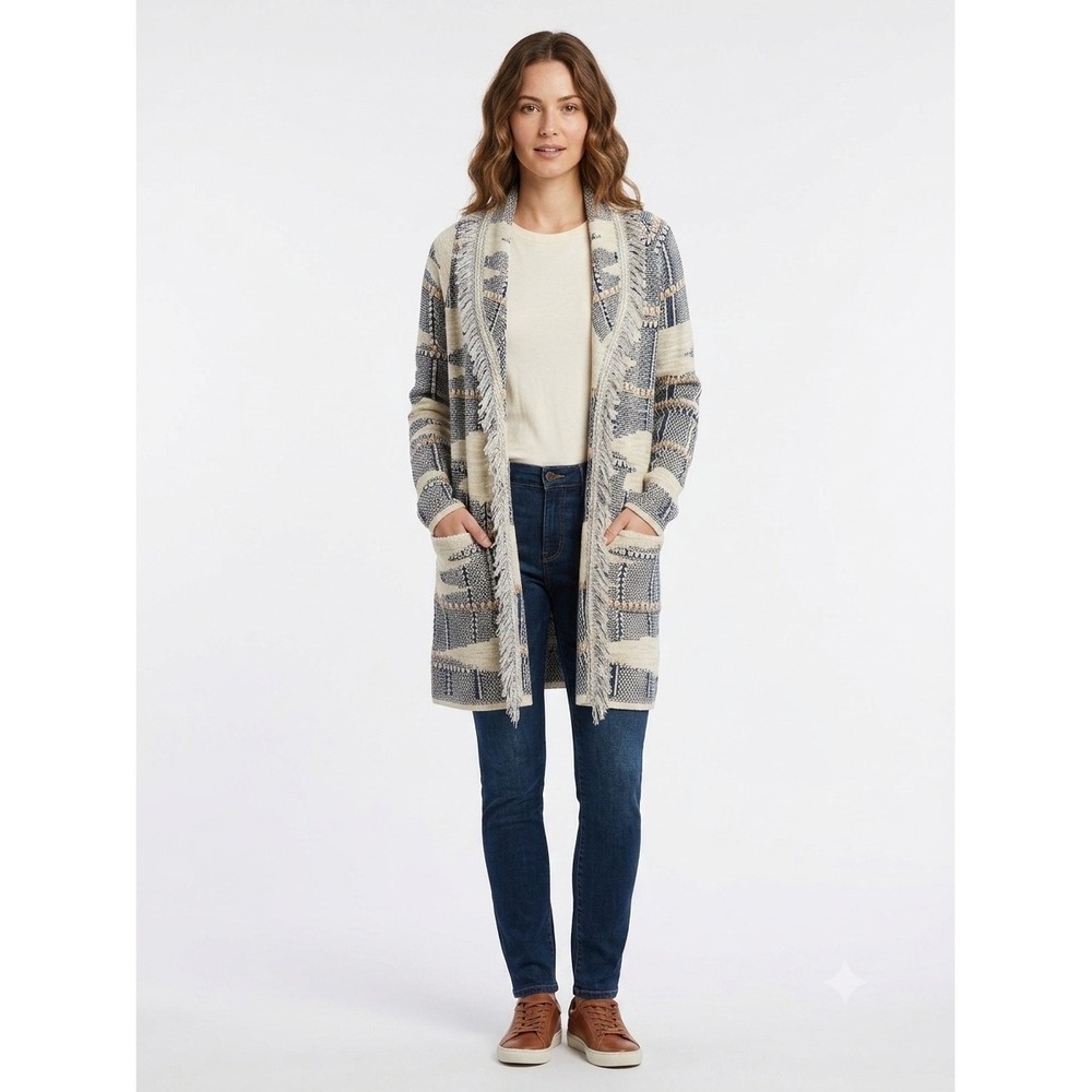 Nic+Zoe Western Gorpcore Coastal Grandma Geometric Fringe Cardigan Duster S